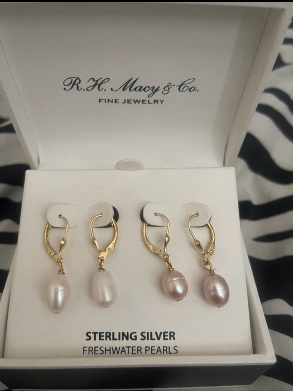 Freshwater Pearl Drop Earrings in White and Pink with Gold-Tone Hooks